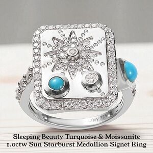 Sleeping Beauty Turquoise & Moissanite 1CT Sun Starburst Medallion Signet Ring